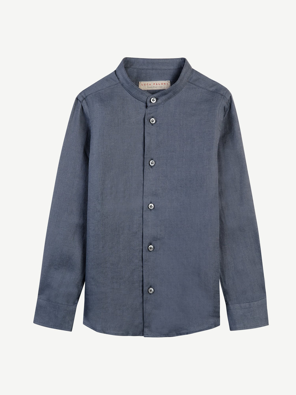 Studio shot of the Versilia Junior Linen Shirt in dark blue, shown flat against a white background.
