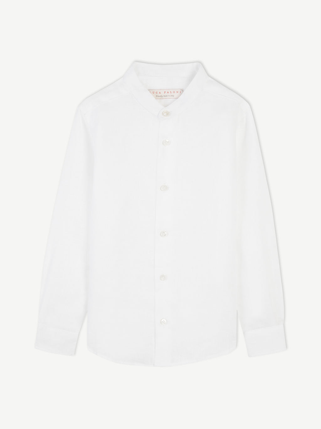 A flat lay of the white Versilia Junior Linen Shirt, showing the band collar and button-up front.