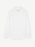 A flat lay of the white Versilia Junior Linen Shirt, showing the band collar and button-up front.
