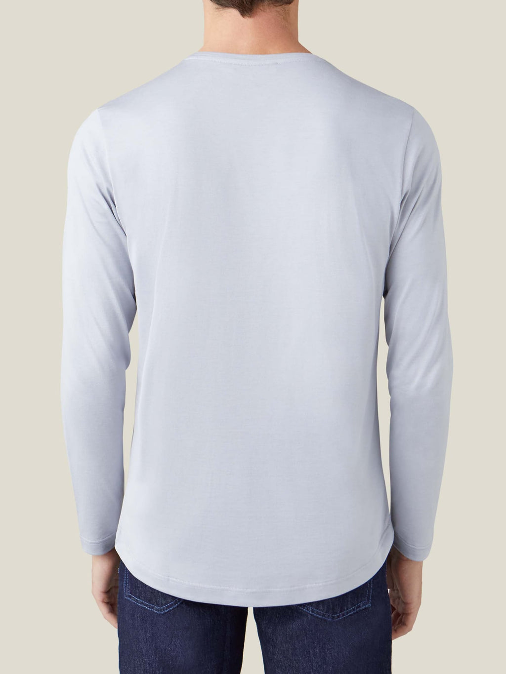 Back view of a model wearing the Light Grey Silk-Cotton Long-Sleeved T-Shirt.
