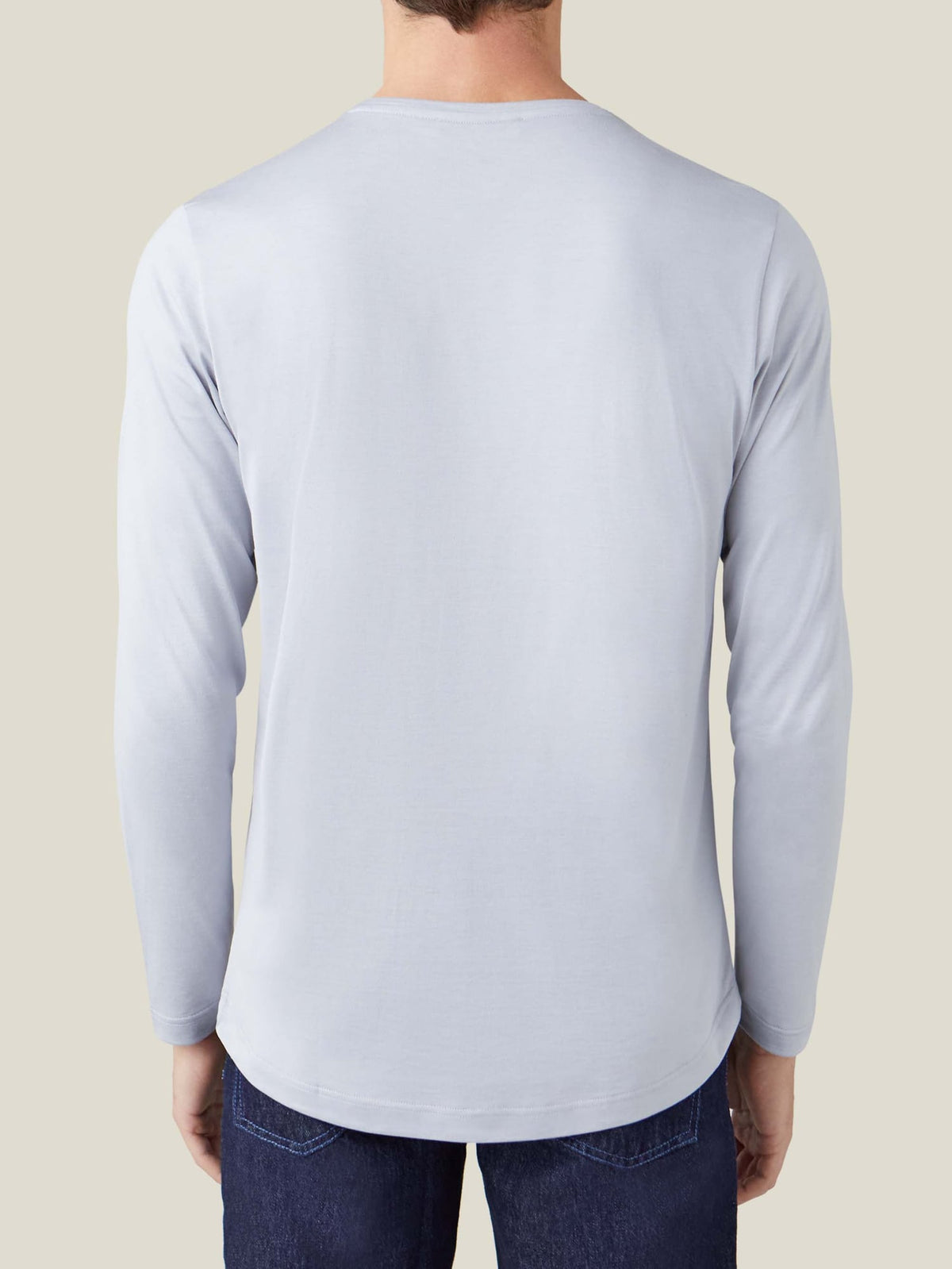 Back view of a model wearing the Light Grey Silk-Cotton Long-Sleeved T-Shirt.