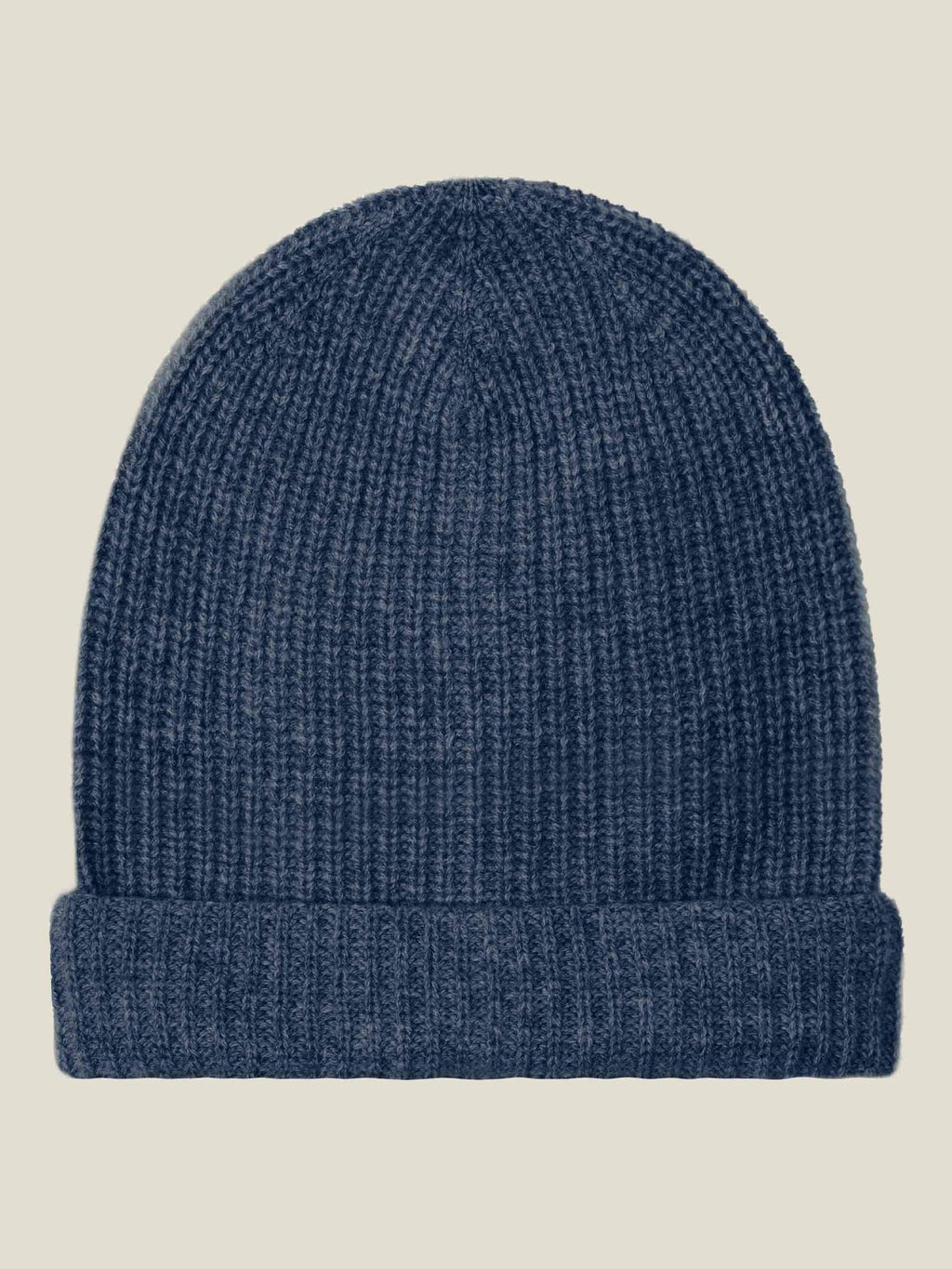 Front view of the Luca Faloni Chunky Knit Beanie in Atlantic Blue, detailing its soft ribbed texture in four-ply cashmere.