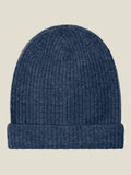Front view of the Luca Faloni Chunky Knit Beanie in Atlantic Blue, detailing its soft ribbed texture in four-ply cashmere.