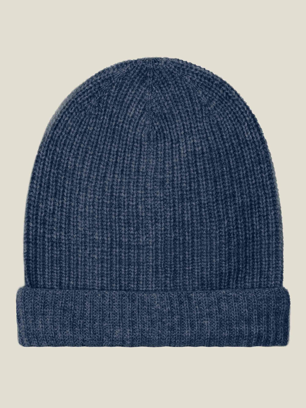 Front view of the Luca Faloni Chunky Knit Beanie in Atlantic Blue, detailing its soft ribbed texture in four-ply cashmere.