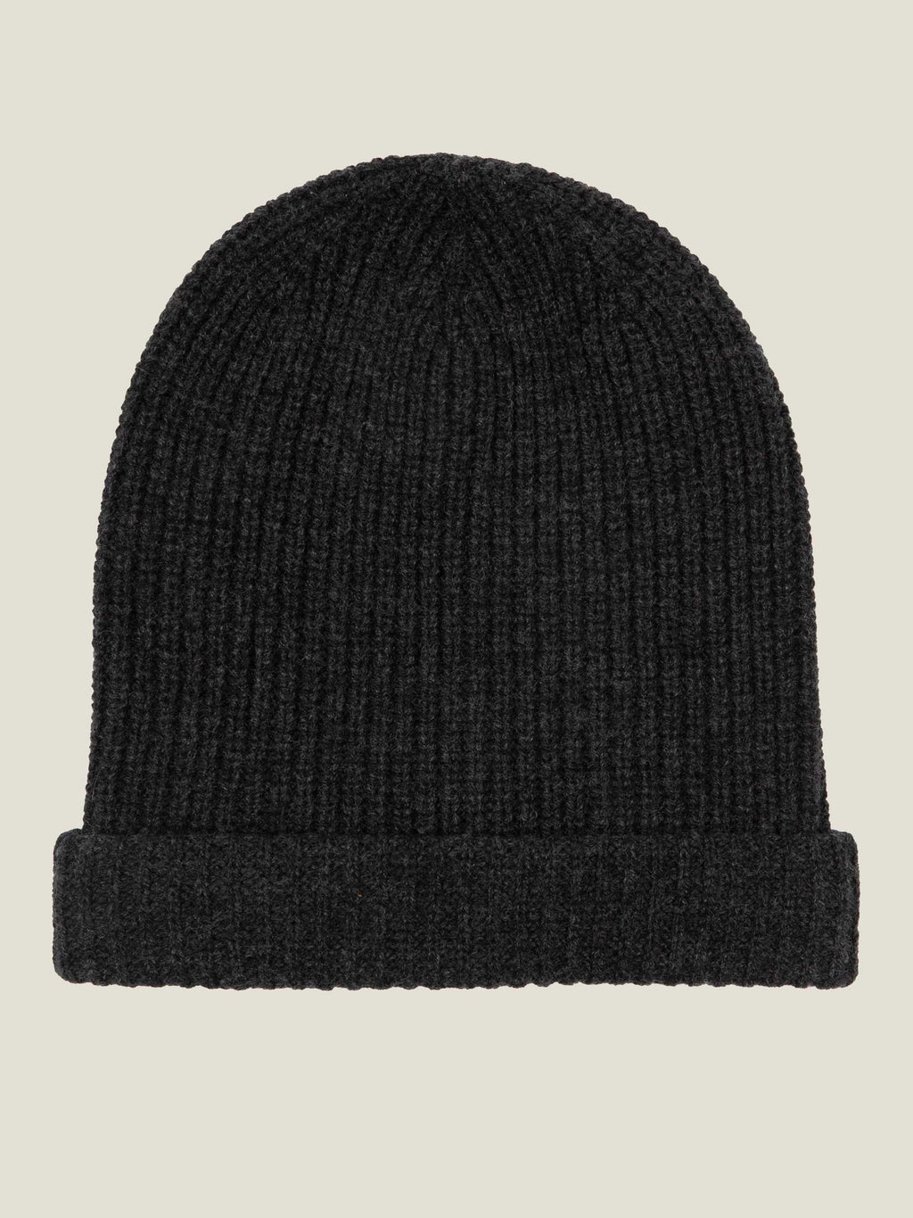 Front view of the charcoal grey Chunky Knit Cashmere Beanie, laid flat against a neutral background.