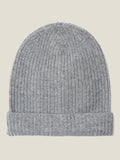 Front view of the Dolomiti Grey Chunky Knit Beanie in pure cashmere, showcasing the ribbed texture and folded cuff.
