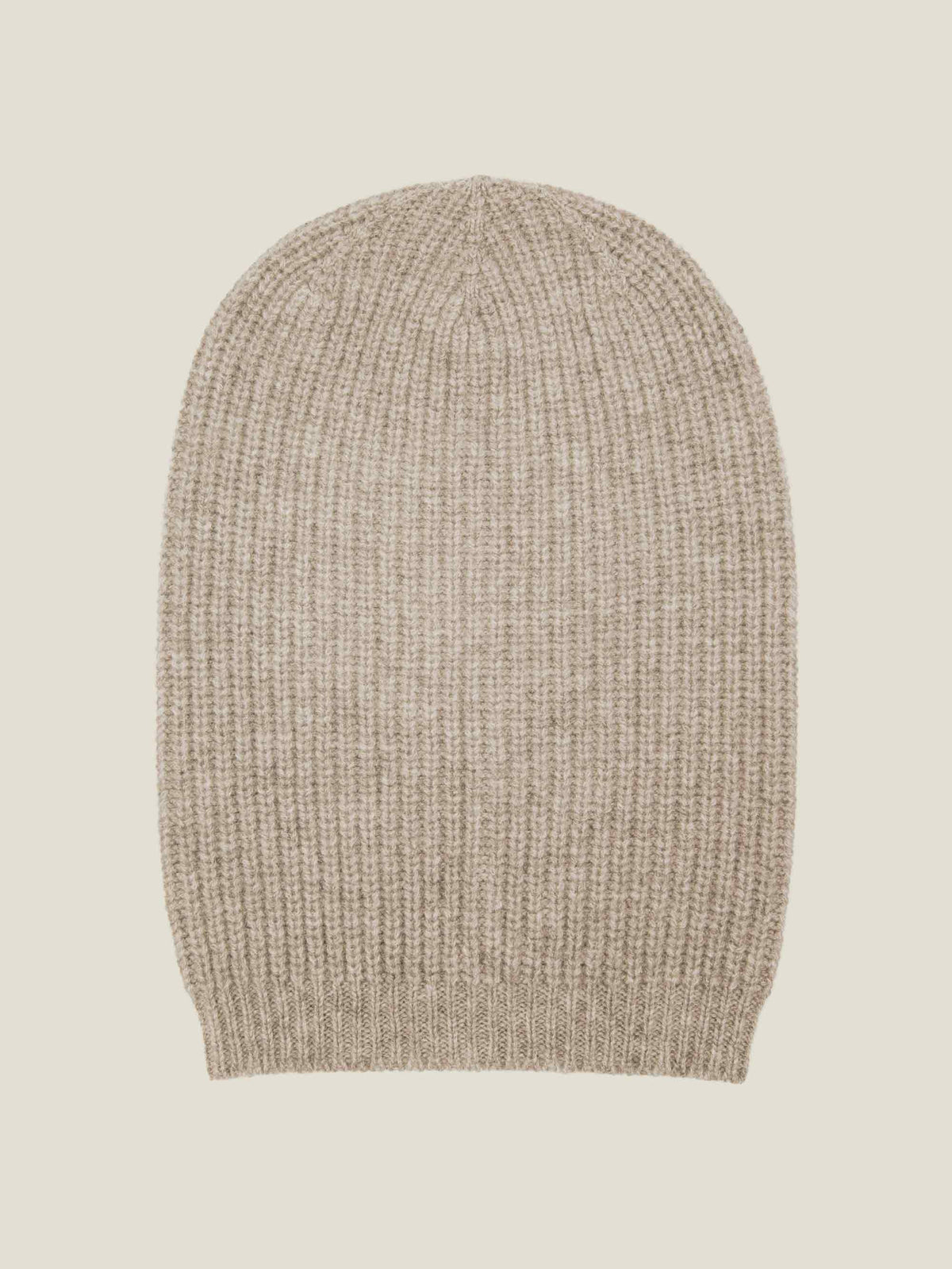Product shot of the Luca Faloni chunky knit cashmere beanie in Camel Beige, laid flat to showcase its ribbed texture.