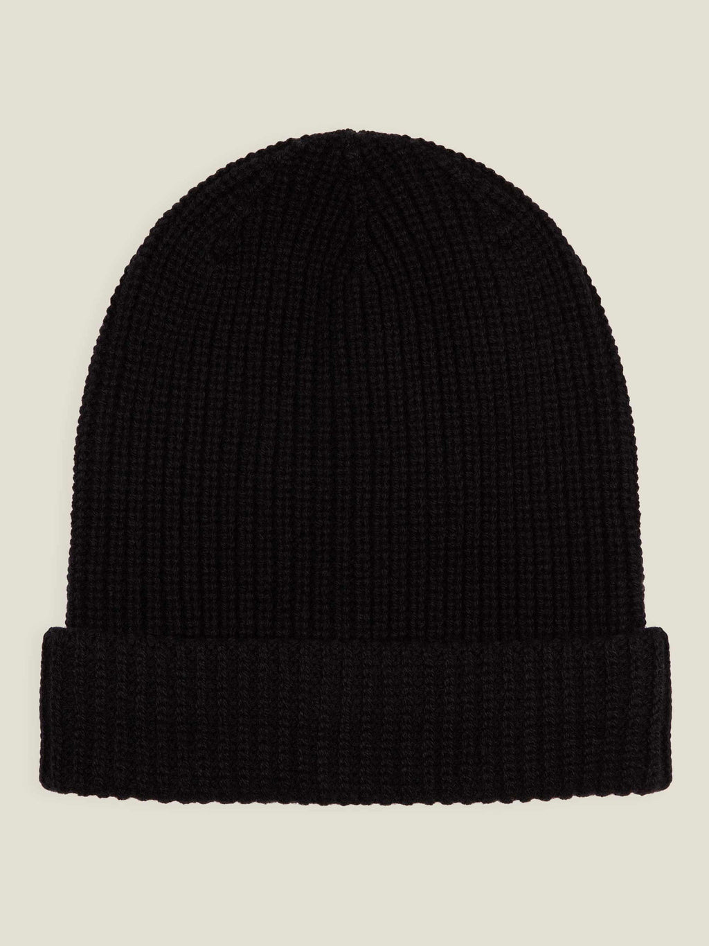 Studio shot of the Luca Faloni Chunky Knit Beanie in black cashmere, showing the ribbed texture and fold-over cuff.