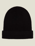Studio shot of the Luca Faloni Chunky Knit Beanie in black cashmere, showing the ribbed texture and fold-over cuff.