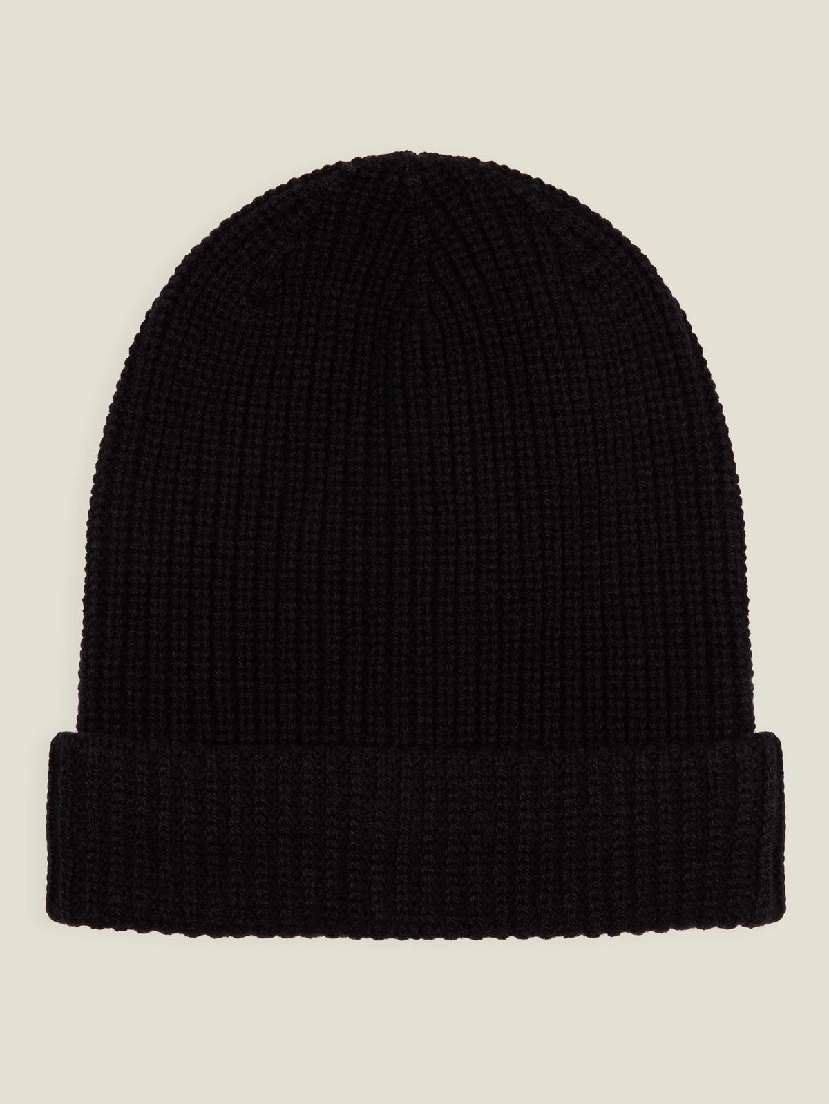 Studio shot of the Luca Faloni Chunky Knit Beanie in black cashmere, showing the ribbed texture and fold-over cuff.