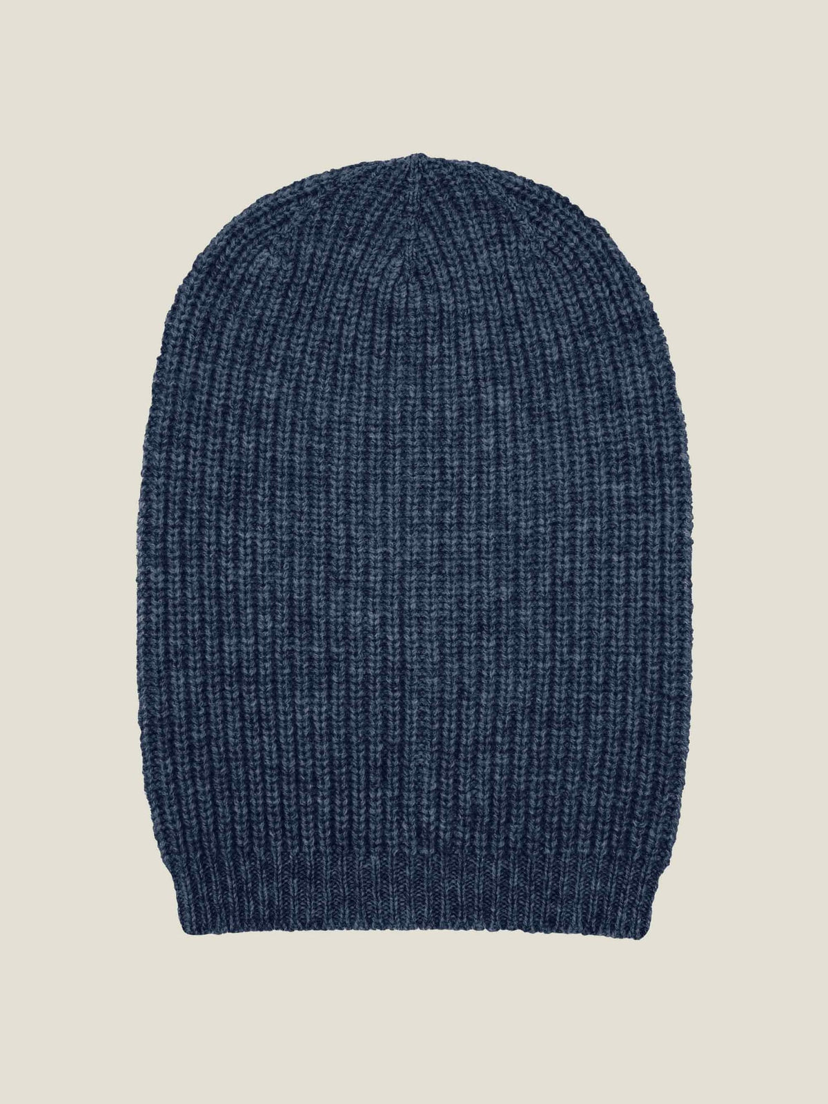 Front view of the Atlantic Blue Chunky Knit Cashmere Beanie, laid flat to display the ribbed knit texture.
