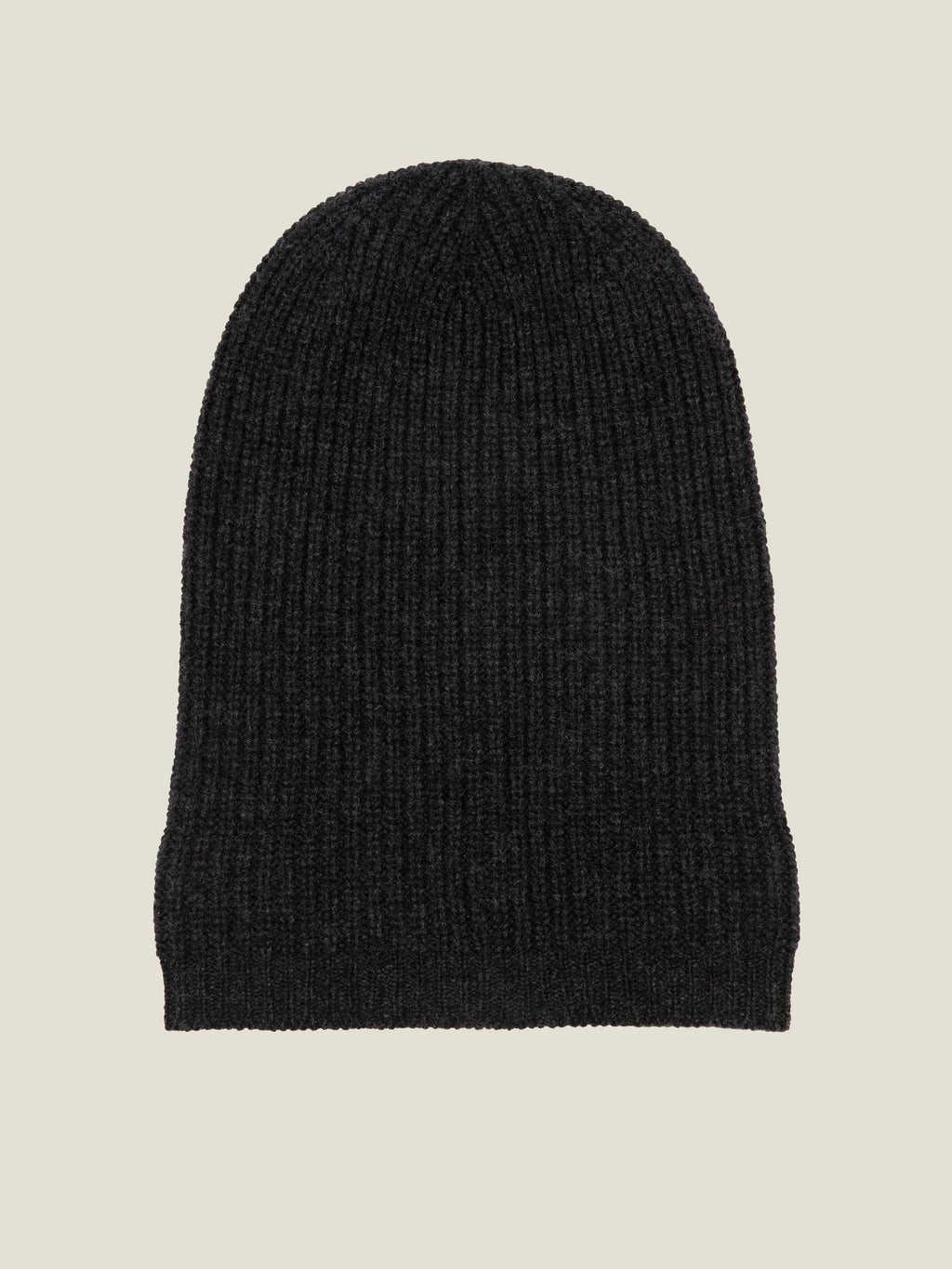 Luca Faloni Chunky Knit Cashmere Beanie in Charcoal Grey, laid flat and unfolded.