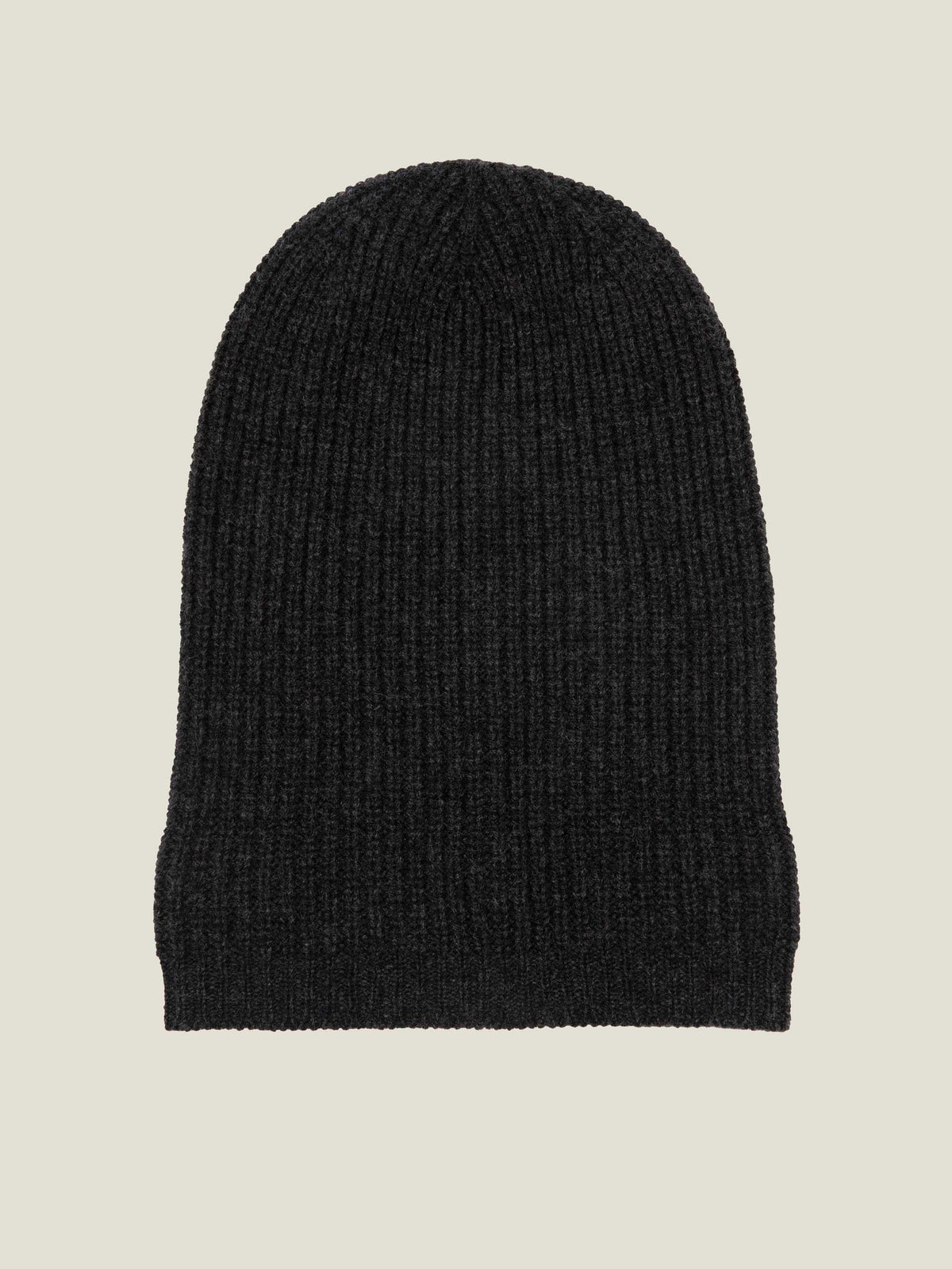Luca Faloni Chunky Knit Cashmere Beanie in Charcoal Grey, laid flat and unfolded.