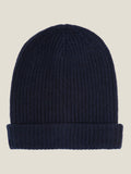 Studio shot of the Luca Faloni Chunky Knit Beanie in Midnight Blue, crafted from ribbed four-ply cashmere.