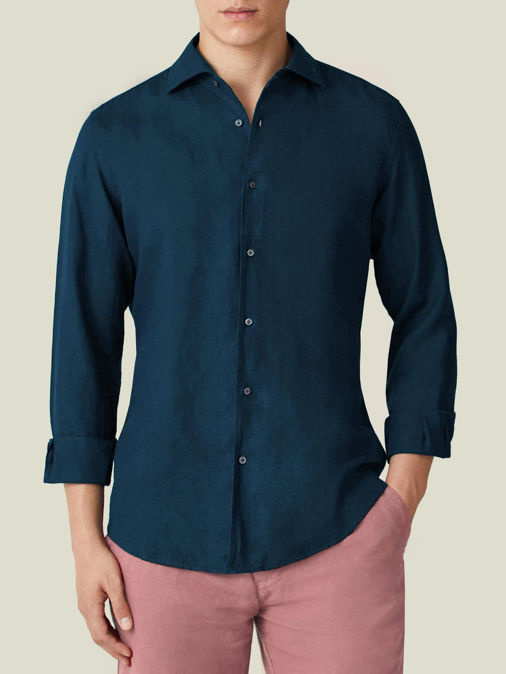 Front view of the Luca Faloni Portofino Linen Shirt in midnight blue, worn by a model.