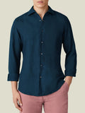 Front view of the Luca Faloni Portofino Linen Shirt in midnight blue, worn by a model.
