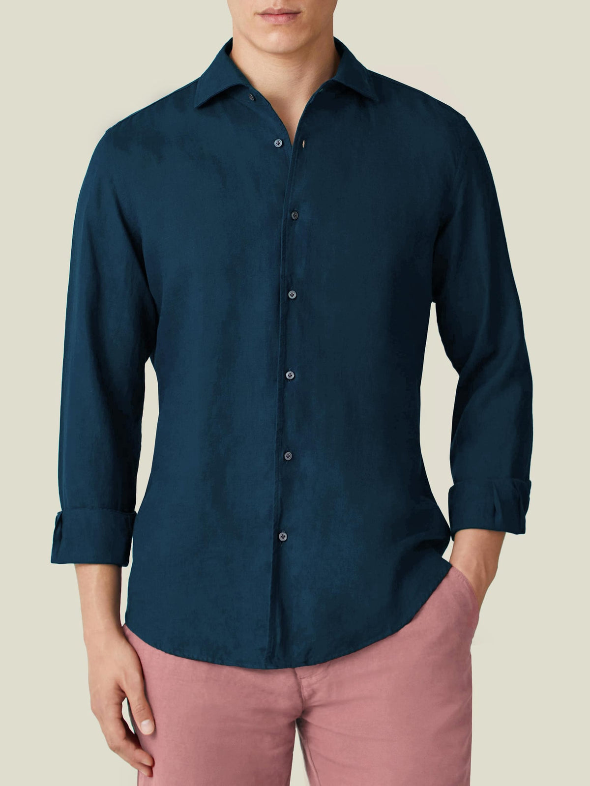 Front view of the Luca Faloni Portofino Linen Shirt in midnight blue, worn by a model.