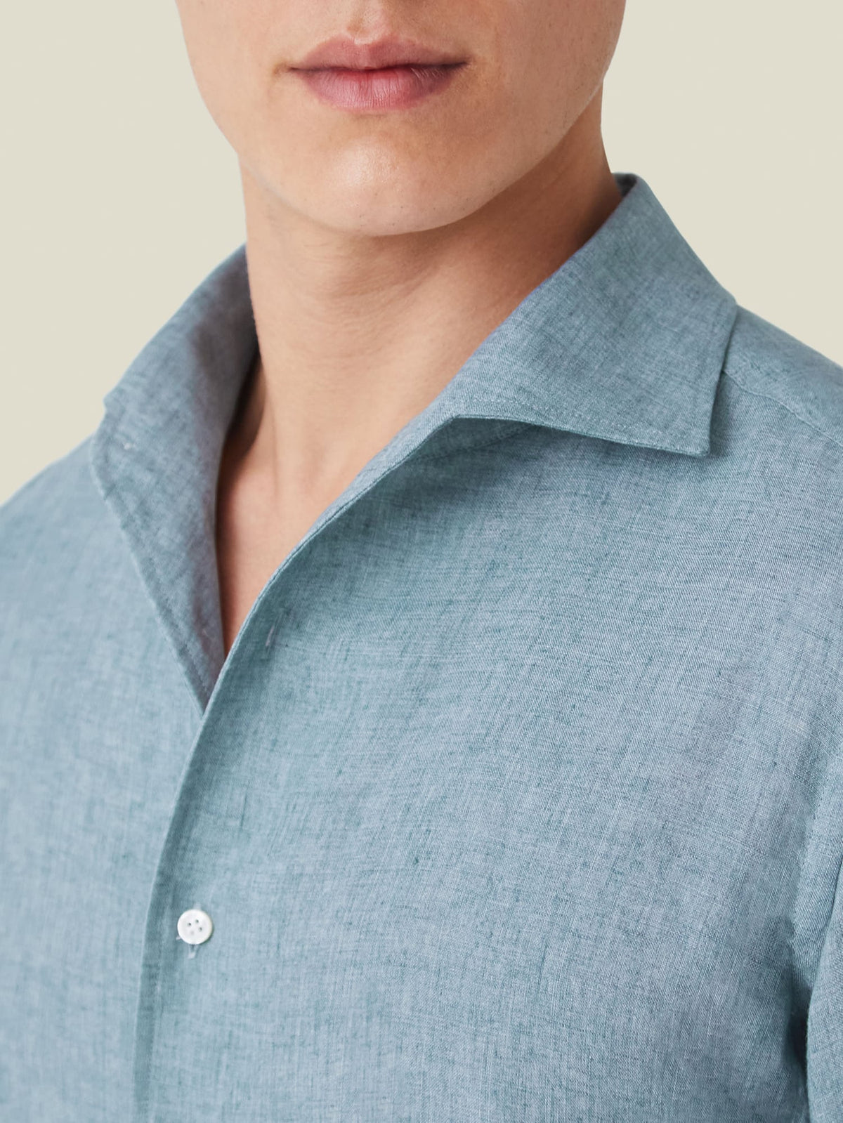 Close-up of the French Blue Portofino Linen Shirt, highlighting the signature one-piece collar and fine linen texture.