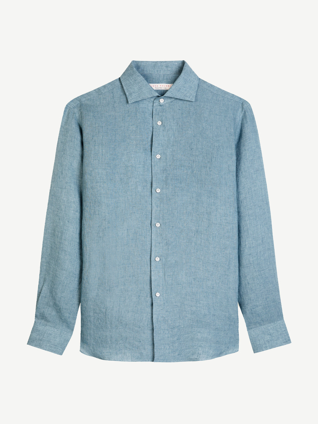 Front view of the light blue Portofino Linen Shirt, laid flat.
