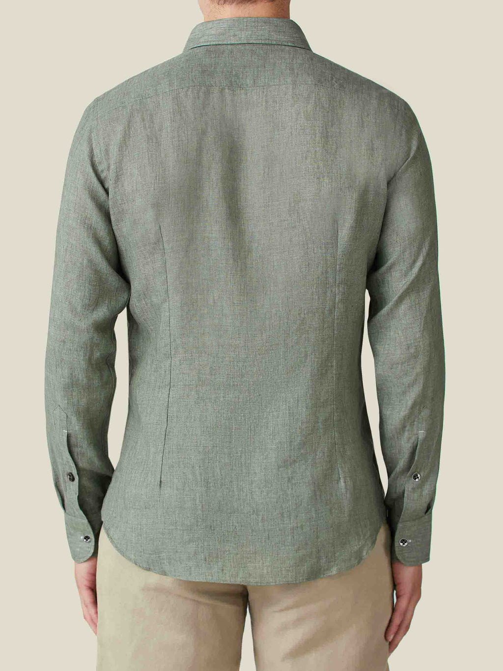 Back view of the Portofino Linen Shirt in Safari Green, showing the tailored silhouette and fine linen texture.