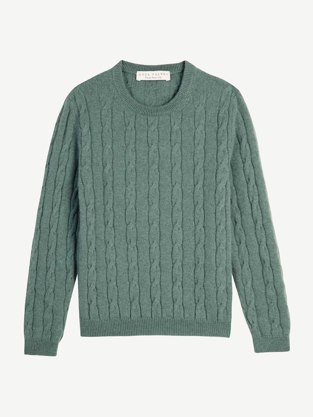 A flat-lay photograph of the Luca Faloni Junior Cable Knit sweater in green, highlighting its intricate cable knit design.
