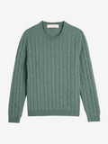 A flat-lay photograph of the Luca Faloni Junior Cable Knit sweater in green, highlighting its intricate cable knit design.