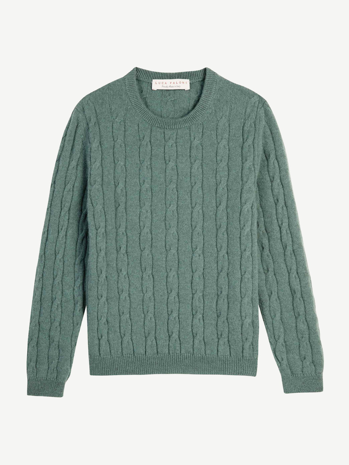 A flat-lay photograph of the Luca Faloni Junior Cable Knit sweater in green, highlighting its intricate cable knit design.