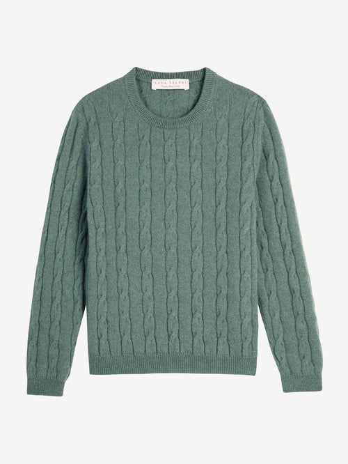 A flat-lay photograph of the Luca Faloni Junior Cable Knit sweater in green, highlighting its intricate cable knit design.
