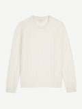 Front view of the white cashmere Junior Cable Knit sweater on a white background.