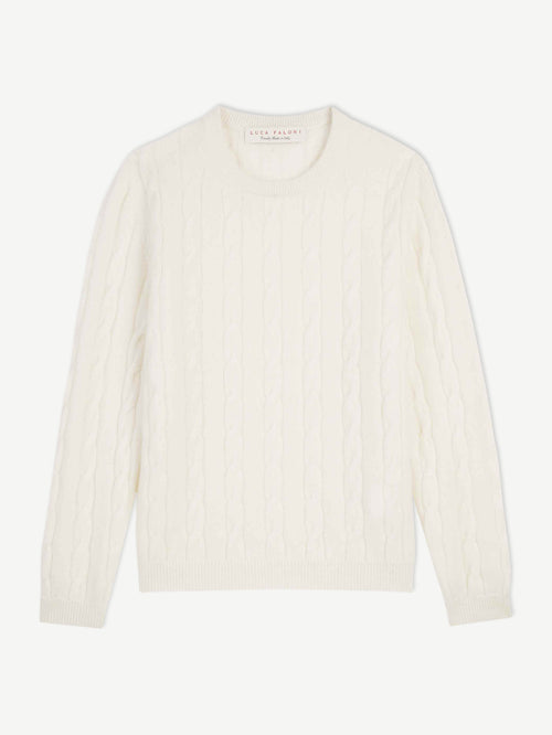 Front view of the white cashmere Junior Cable Knit sweater on a white background.