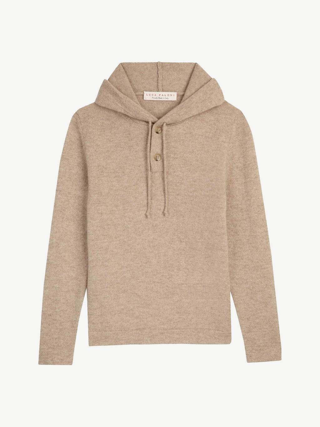 Flat lay of the Junior Cashmere Hoodie in beige, showing the front view with the hood and buttoned placket.