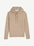 Flat lay of the Junior Cashmere Hoodie in beige, showing the front view with the hood and buttoned placket.
