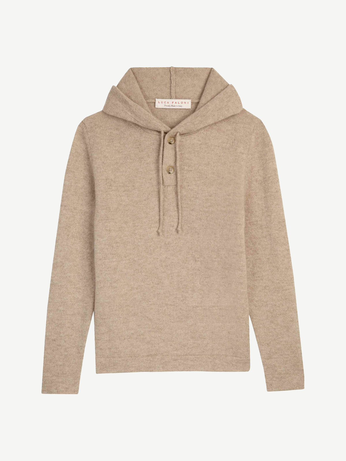 Flat lay of the Junior Cashmere Hoodie in beige, showing the front view with the hood and buttoned placket.