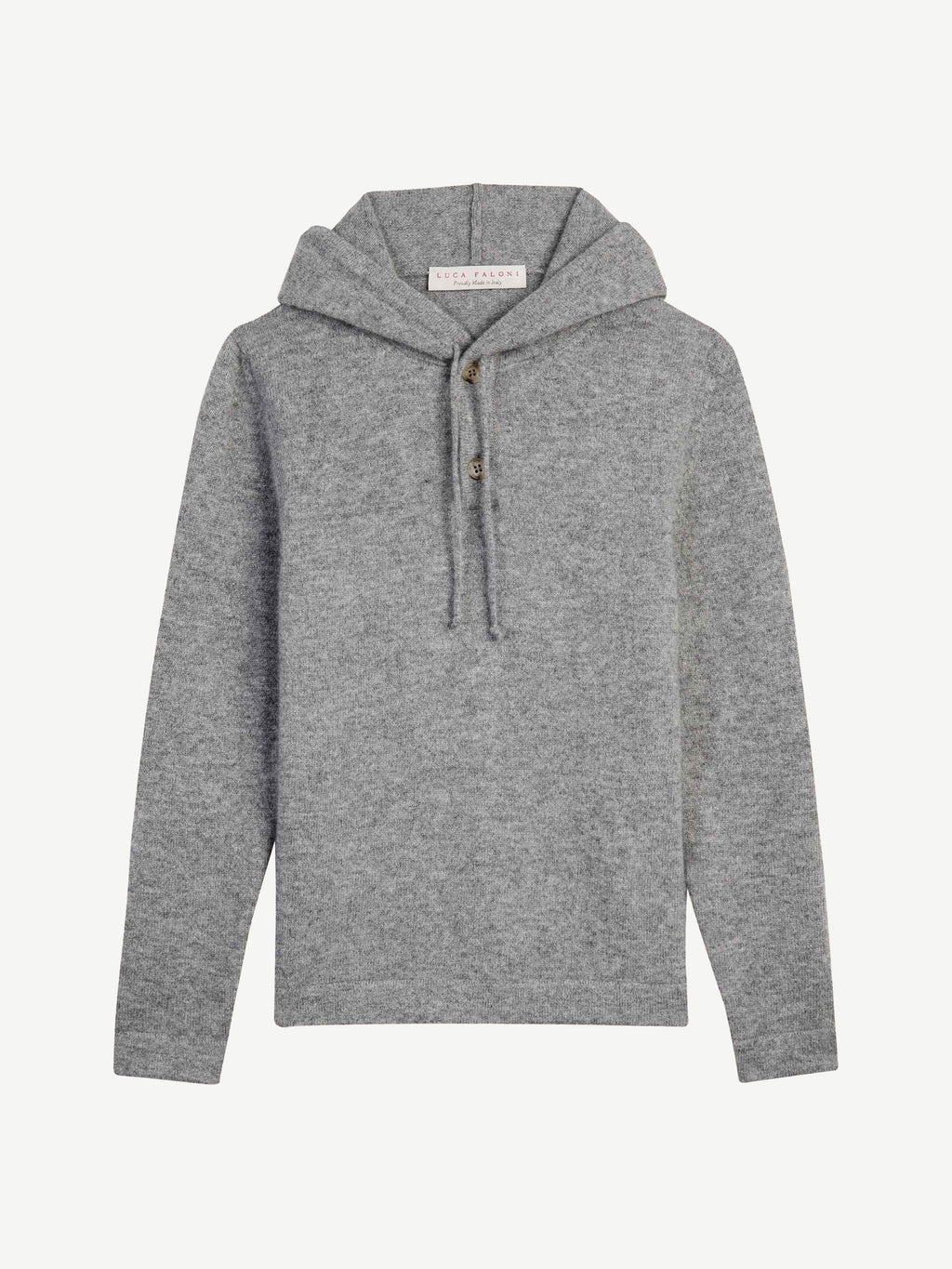 Front view of the Junior Cashmere Hoodie in grey against a studio background.