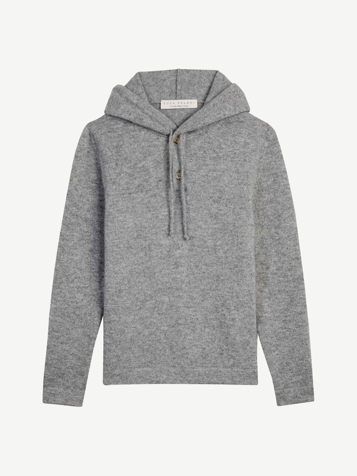 Front view of the Junior Cashmere Hoodie in grey against a studio background.