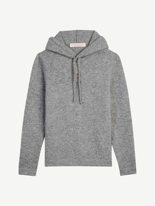 Front view of the Junior Cashmere Hoodie in grey against a studio background.