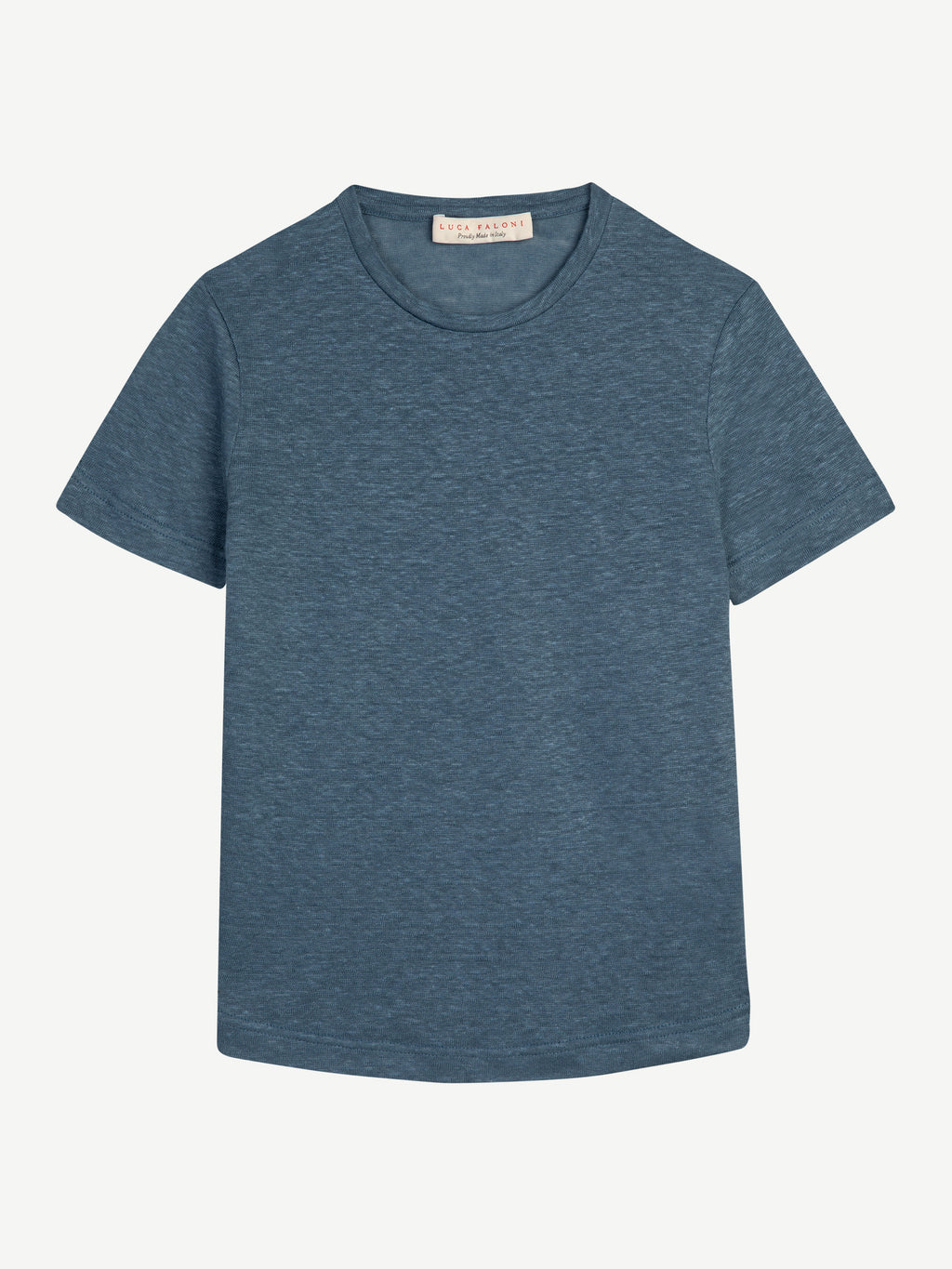 Studio shot of the Junior Linen Jersey T-Shirt in denim blue, featuring a crew neck and rounded hem.