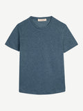 Studio shot of the Junior Linen Jersey T-Shirt in denim blue, featuring a crew neck and rounded hem.