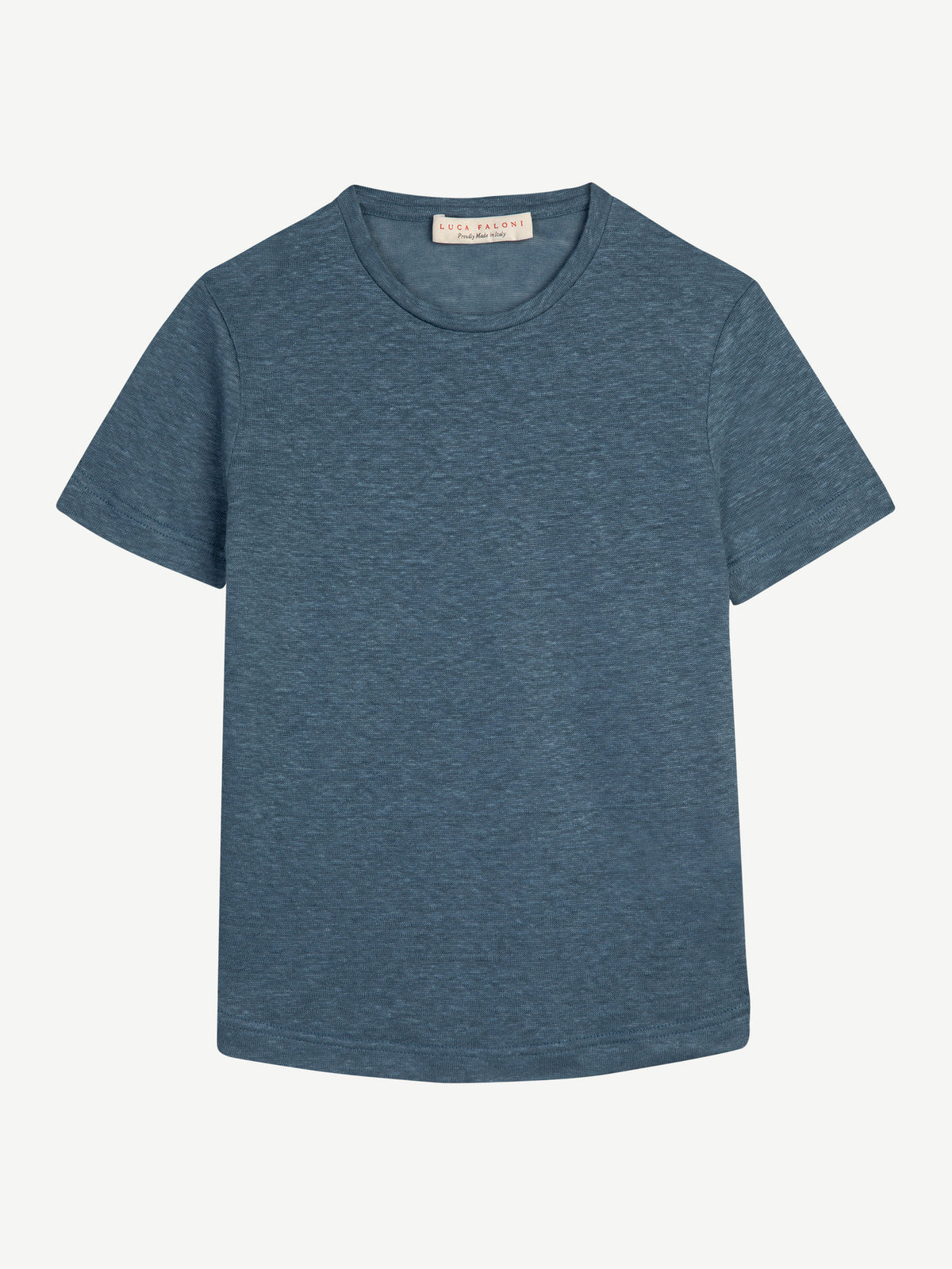 Studio shot of the Junior Linen Jersey T-Shirt in denim blue, featuring a crew neck and rounded hem.