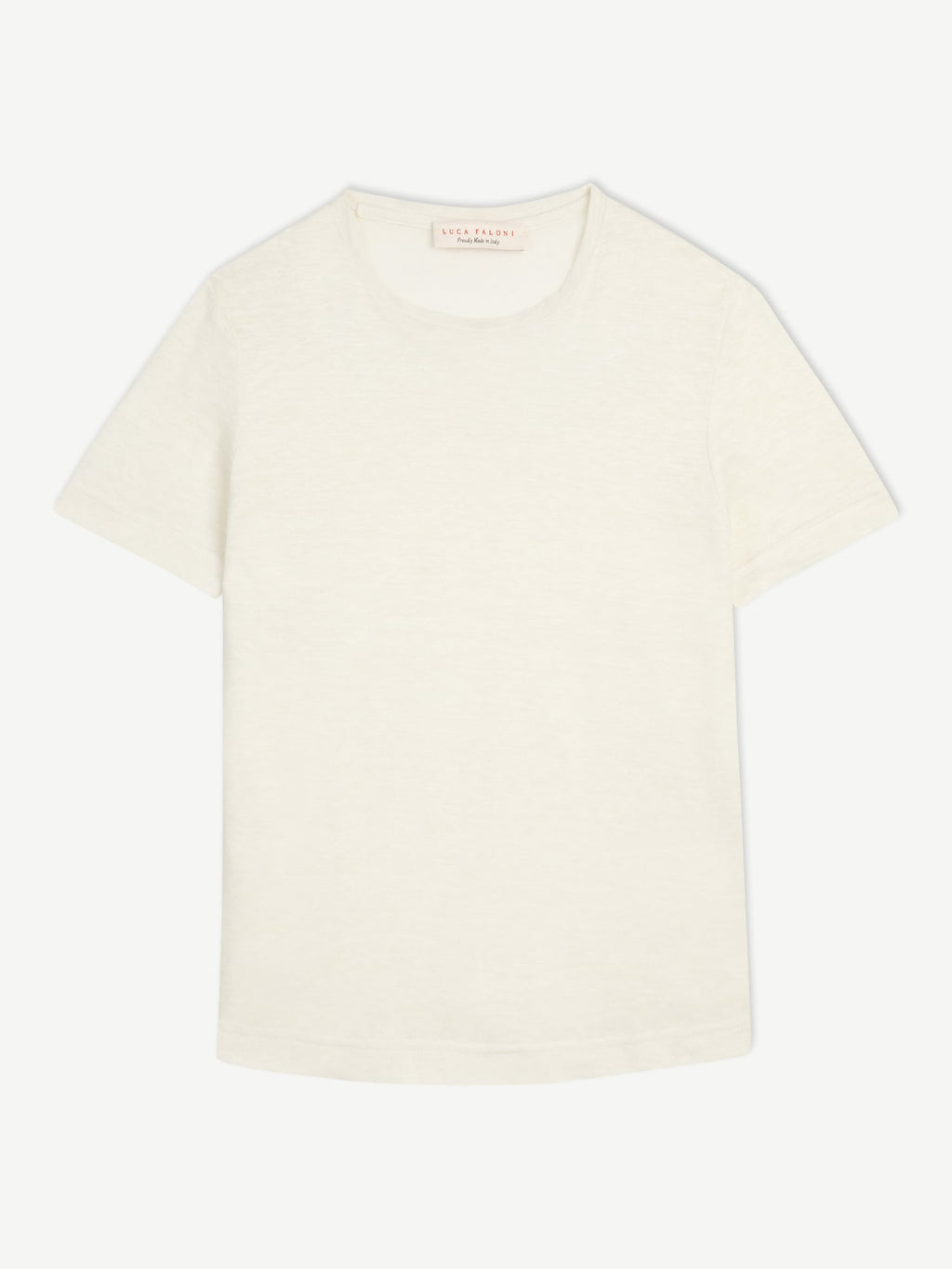 Flat lay of the off-white Junior Linen Jersey T-Shirt, highlighting its classic crewneck and soft, breathable linen fabric.