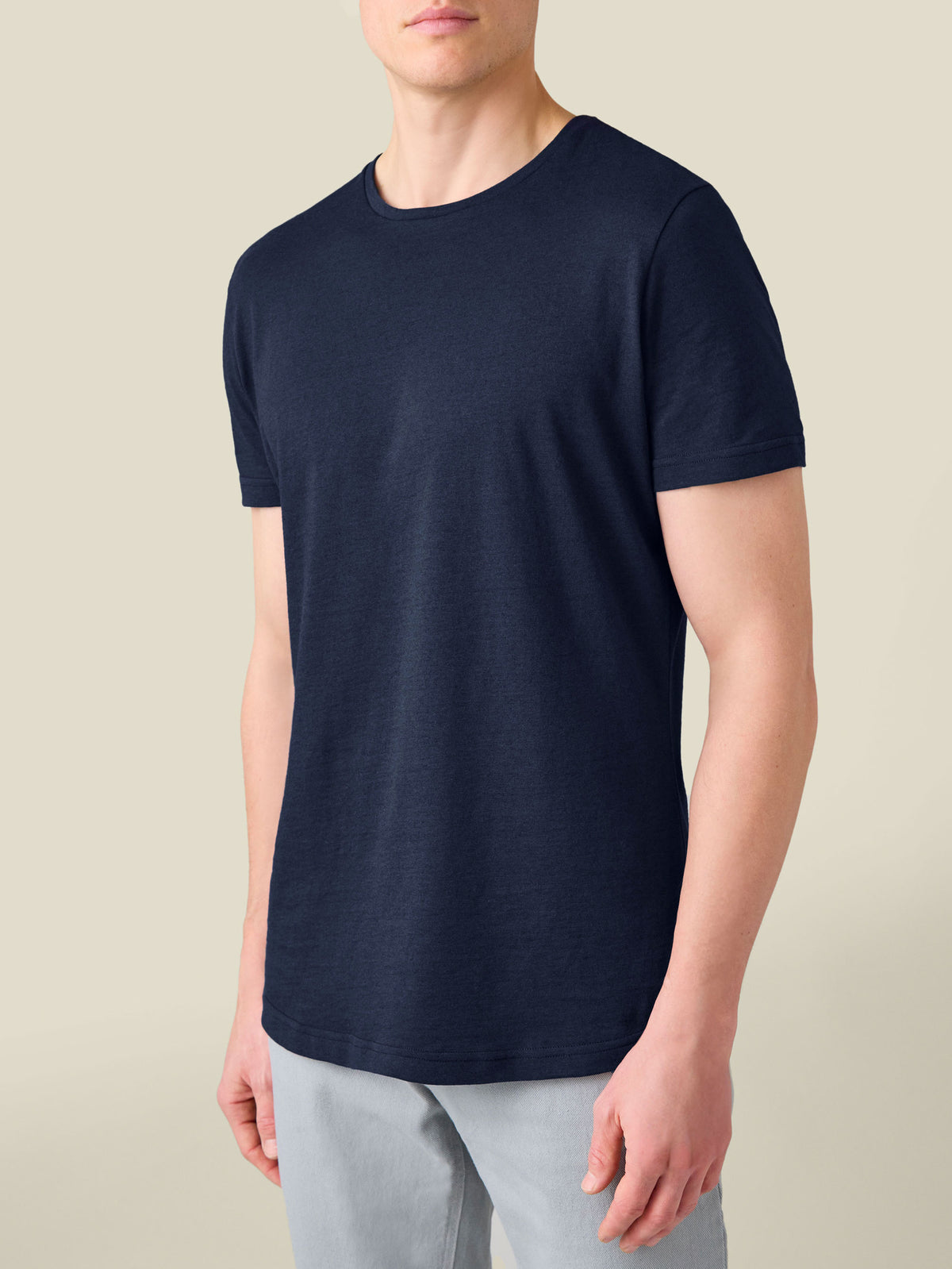 Model from the front wearing the Midnight Blue Cashmere Cotton T-Shirt, highlighting its relaxed fit and soft texture.