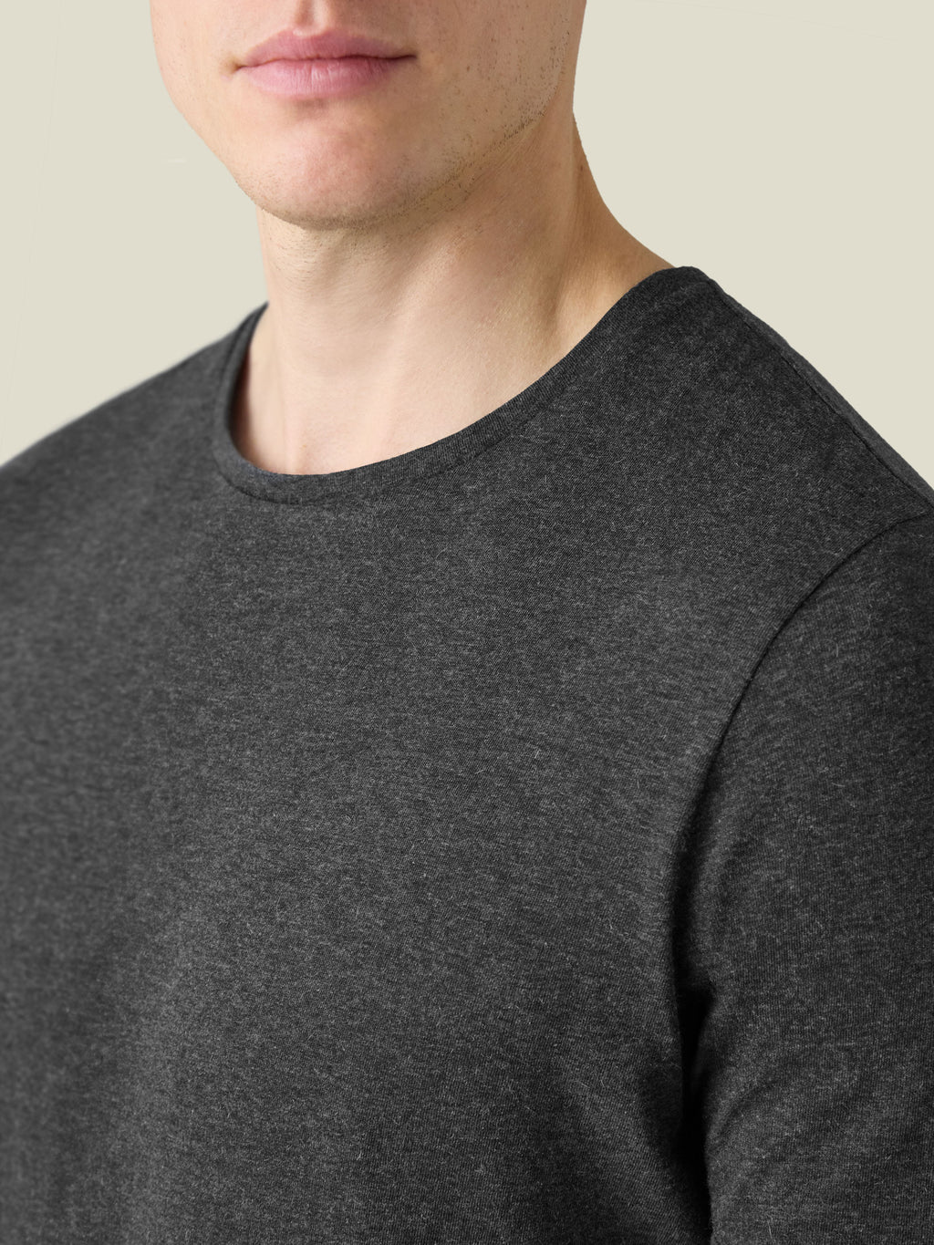A close-up of a model wearing the Charcoal Grey Cashmere Cotton T-Shirt, highlighting the crew neckline and soft texture.