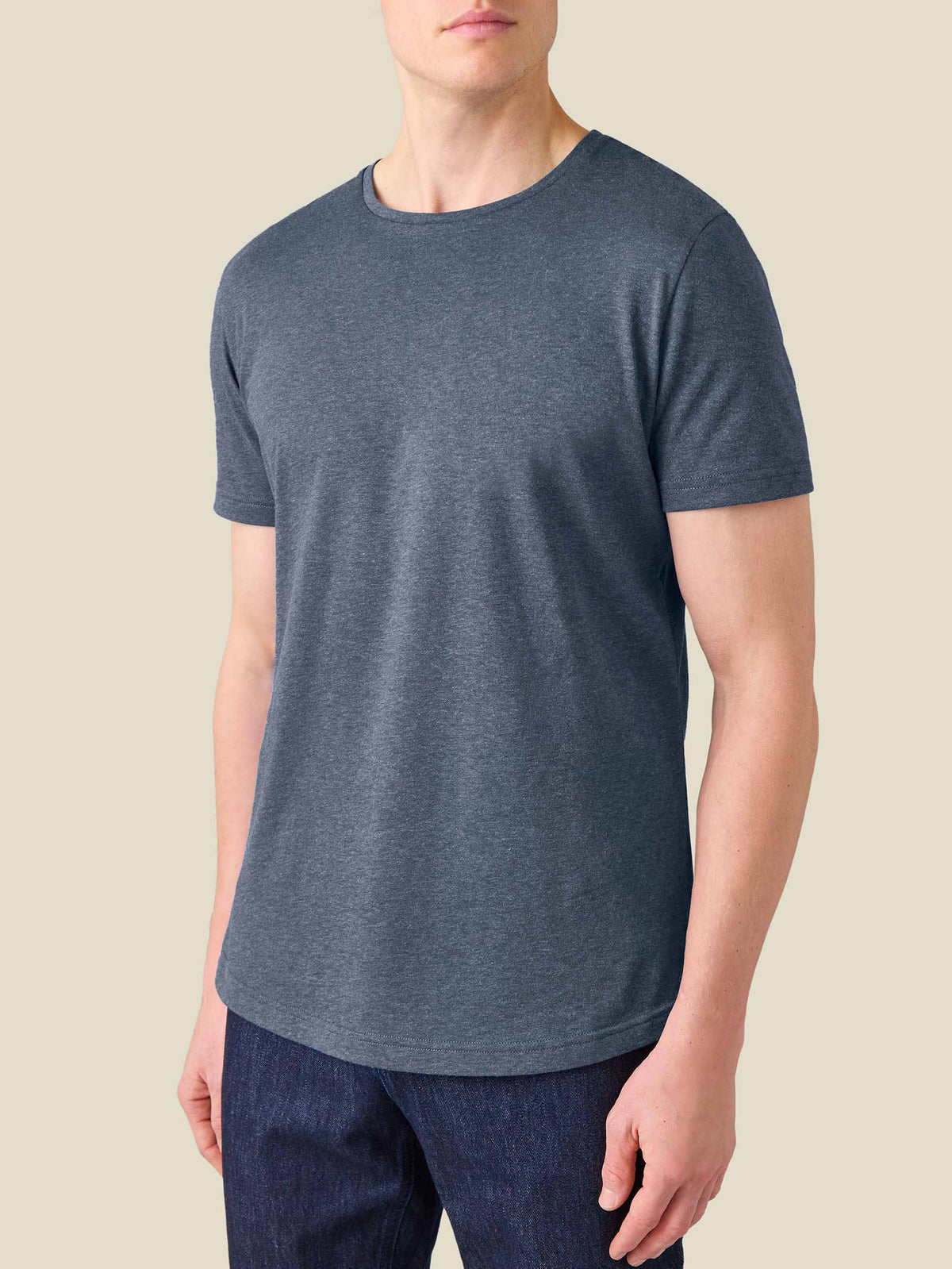 Front view of a model wearing the Cashmere Cotton T-Shirt in Atlantic Blue.