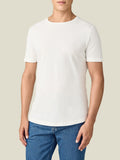 Front view of a model wearing the Luca Faloni Cashmere cotton T-Shirt in white with blue jeans.