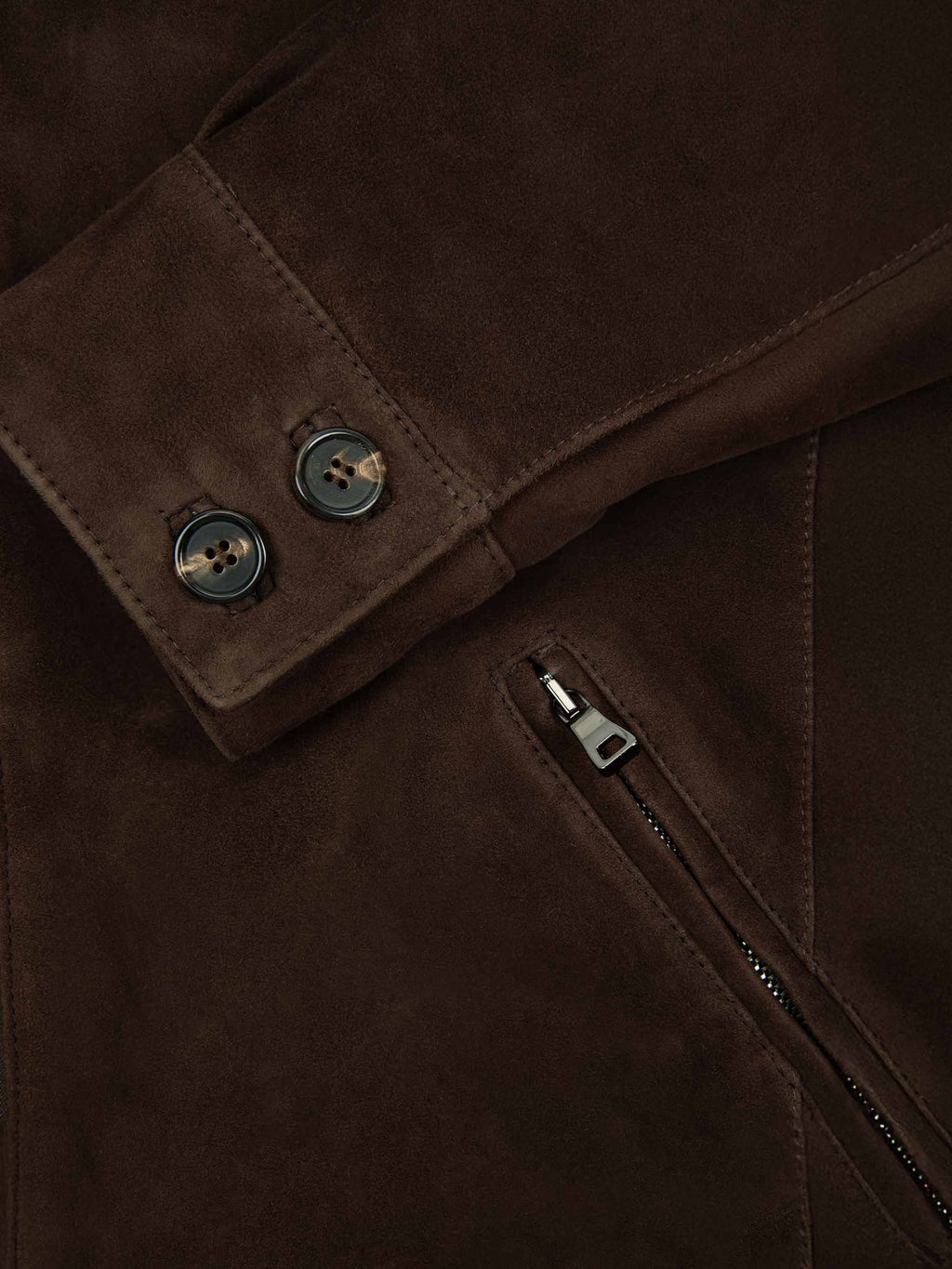 Detail of the horn button cuff and zipped pocket on the Classic Bomber Jacket in chocolate brown goatskin suede.