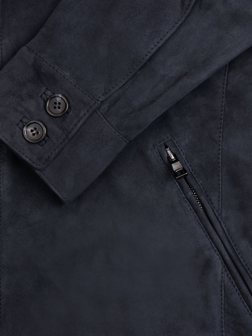 Detail of the double horn button cuff and zipped pocket on the Navy Blue Classic Bomber Jacket in goatskin suede.