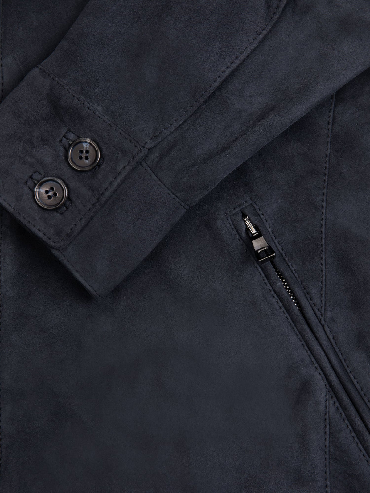 Detail of the double horn button cuff and zipped pocket on the Navy Blue Classic Bomber Jacket in goatskin suede.