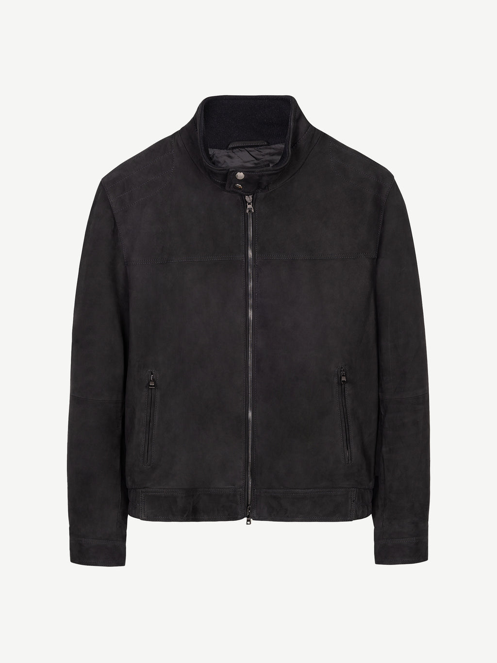 Front view of the Classic Racer Jacket in black suede.