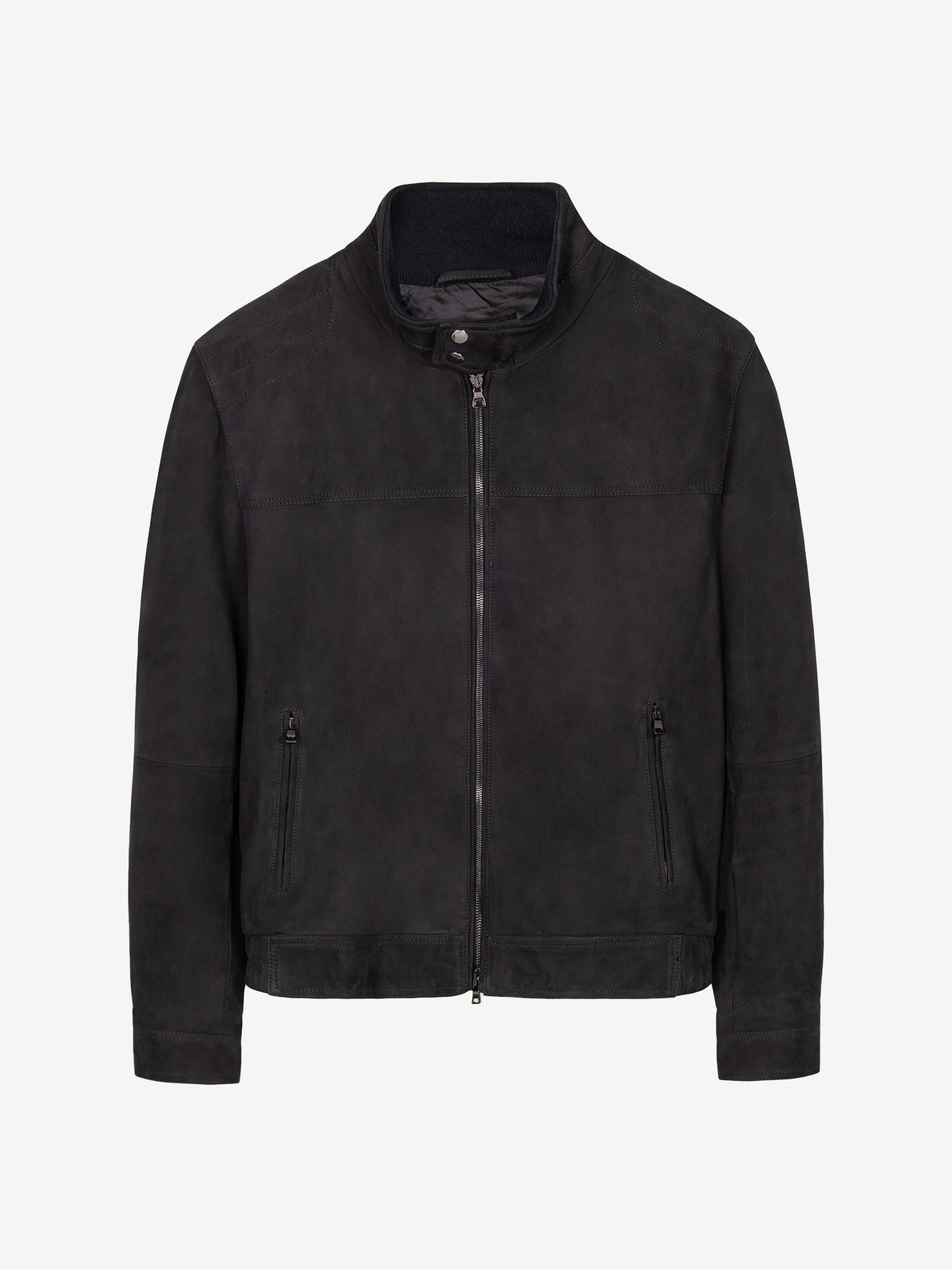 Front view of the Classic Racer Jacket in black suede.