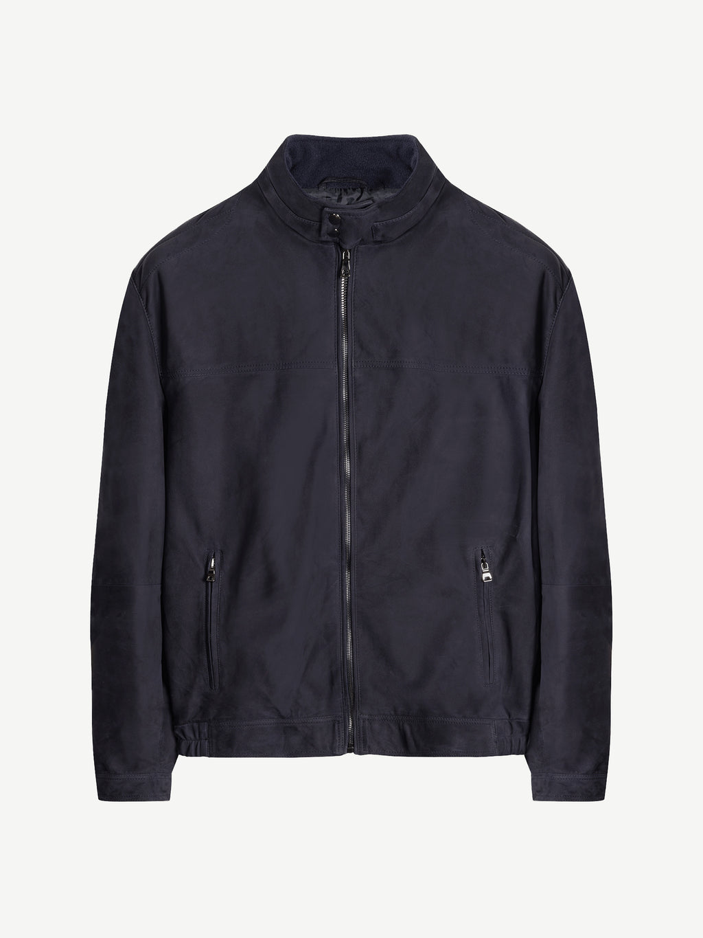 Front view of the Classic Racer Jacket in navy blue suede, laid flat on a white background.